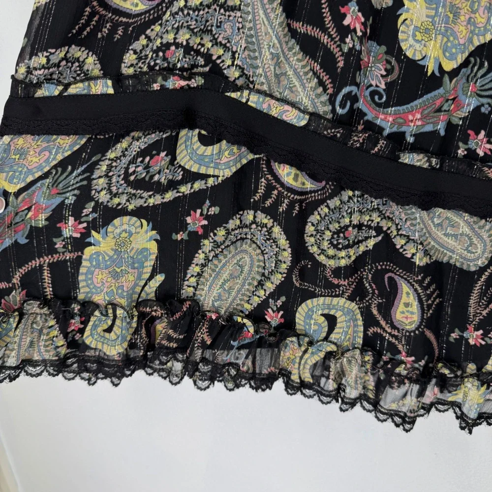 Vintage Paisley Tiered Midi Skirt‎ Lace Trim Metallic XL Petite  Whimsigoth Boho